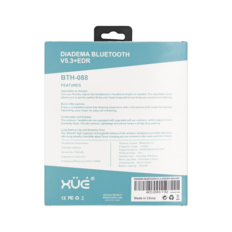 Diadema XUE® BLUETOOTH V5.3+EDR, DISTANCIA 10M, BATERÍA 200 MAH, NEGRA