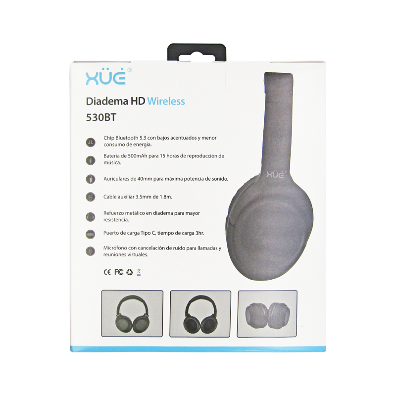 Diadema  BT V5.3+EDR, DIST.10M, BAT 500MAH, USB-C/3.5MM NEGRA HD 530BT XUE®