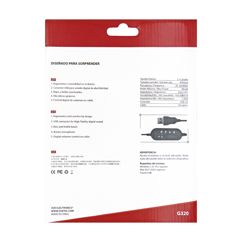 Diadema XUE® USB 2.0 G320 con MIC giratorio con control digital, Color Negro