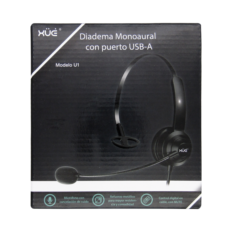 Diadema USB 2.0 XUE® U1 MONOAURAL METAL CON MIC/MUTE BUTTON/CONTROL EN CABLE 1.8M