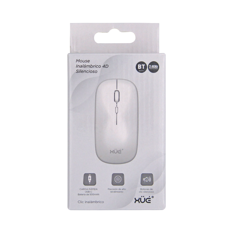 Mouse inalámbrico Silencioso Wireless 1600dpi 3-botones, 2.4GHZ + Bluetooth 5.0, Bateria 500mAh, USB-C, color Blanco,XUE®