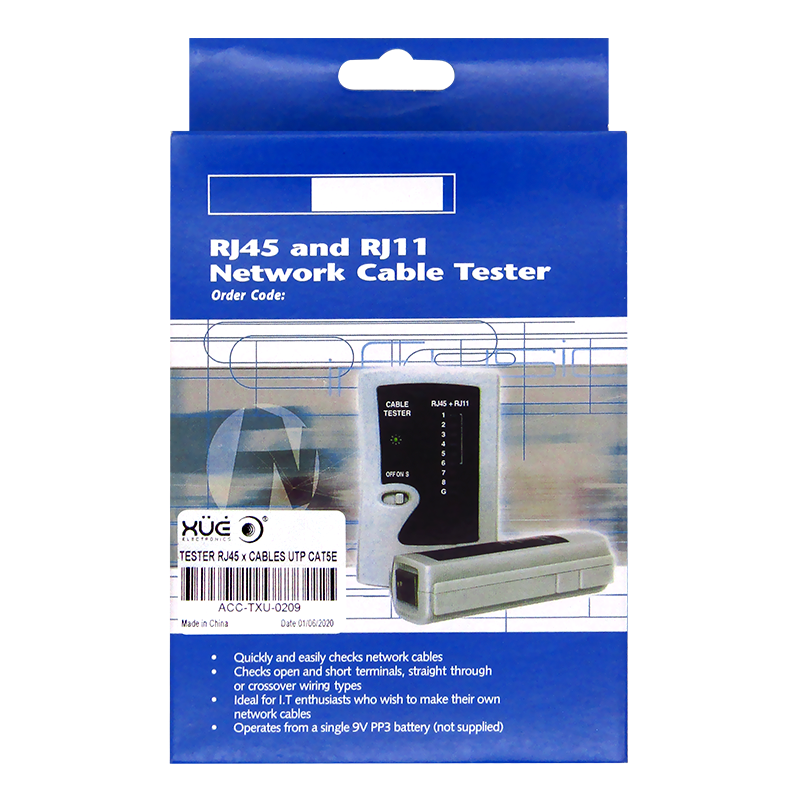 Tester para cables RJ45 UTP CAT5E y CAT6 marca XUE®