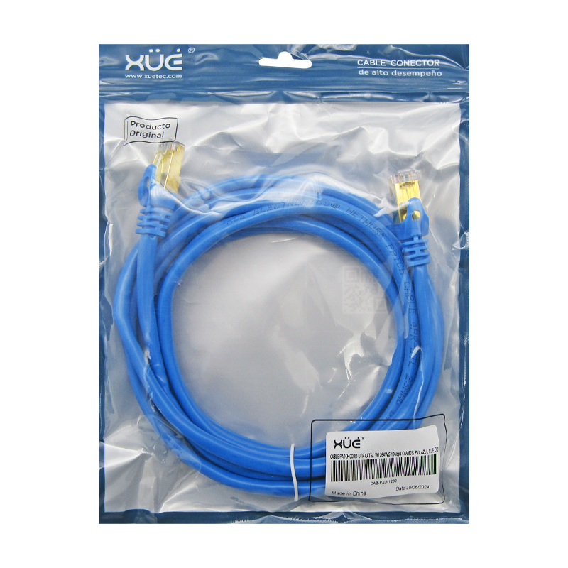 Cable Patchcord UTP CAT6A 3M 26AWG 10Gbps CCA 80% PVC color azul XUE®