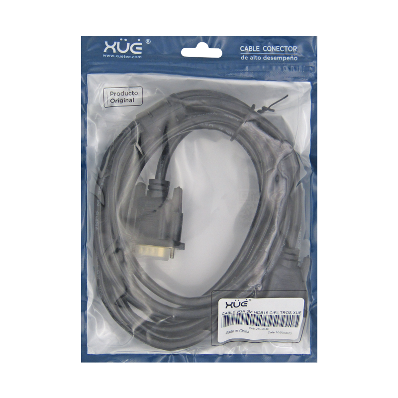 Cable VGA 3M HDB15 Macho a HDB15 Macho 15-Pines (3+4) 30AWG CU OD:6.0mm c/filtros XUE®