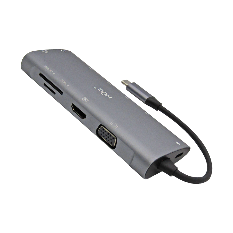 Docking Station XUE® 11-1 USB-C a GIGABIT ETH+VGA+AUDIO 3.5MM+HDMI 4K+PD 100W+3*USB3.0, 1*USB 2.0+LECTOR SD/MICRO SD, XUE