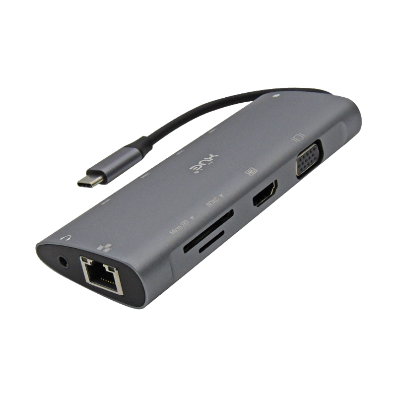 Docking Station XUE® 11-1 USB-C a GIGABIT ETH+VGA+AUDIO 3.5MM+HDMI 4K+PD 100W+3*USB3.0, 1*USB 2.0+LECTOR SD/MICRO SD, XUE