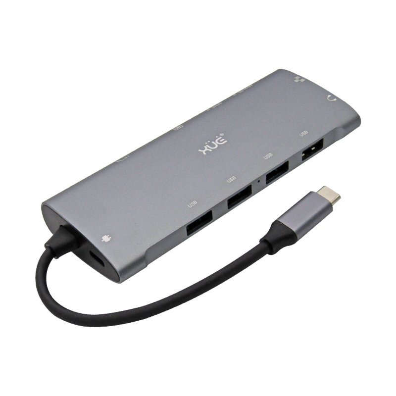 Docking Station XUE® 11-1 USB-C a GIGABIT ETH+VGA+AUDIO 3.5MM+HDMI 4K+PD 100W+3*USB3.0, 1*USB 2.0+LECTOR SD/MICRO SD, XUE