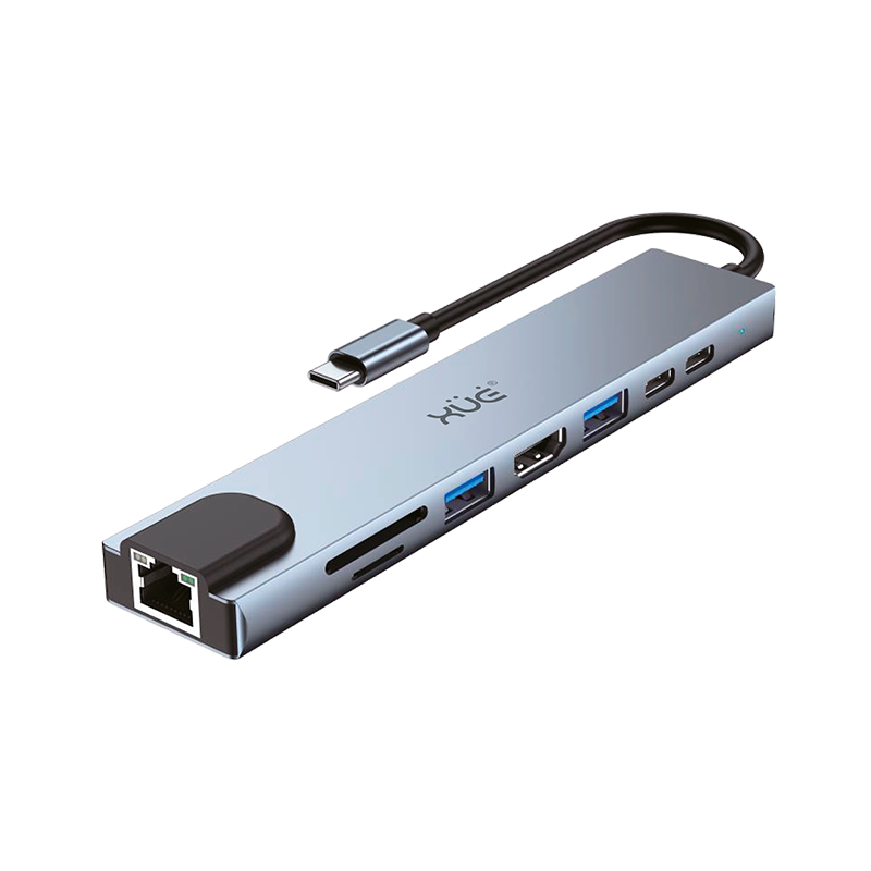 Docking Station XUE® 8-1 Tipo-C 3.1 Gen1 a USB2.0 (480Mbps)*1 + USB3.0 (5Gpbs)*1 + HDMI 4K@30Hz + USB-C + PD 100W + SD/TF + RJ45 100Mbps color Gris