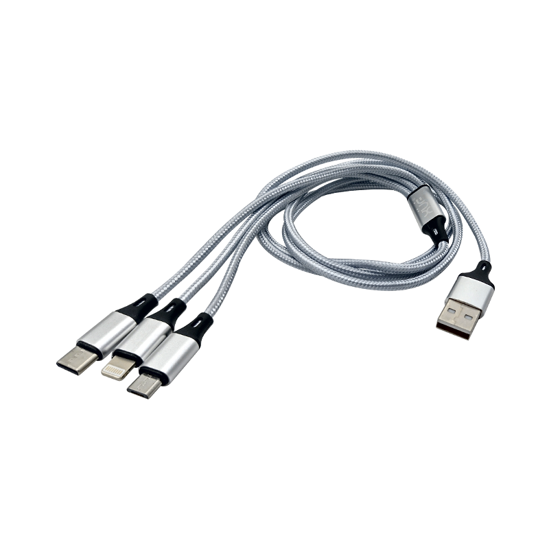 Convertidor USB-A a Triple conexión 2A 1m Lightning + USB-C + micro USB color Gris recubierto en nylon