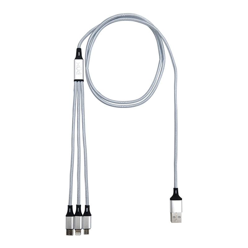 Convertidor USB-A a Triple conexión 2A 1m Lightning + USB-C + micro USB color Gris recubierto en nylon