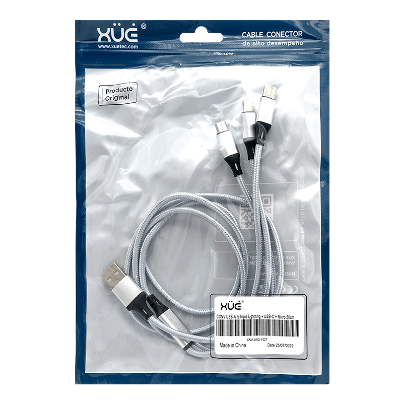 Convertidor USB-A a Triple conexión 2A 1m Lightning + USB-C + micro USB color Gris recubierto en nylon