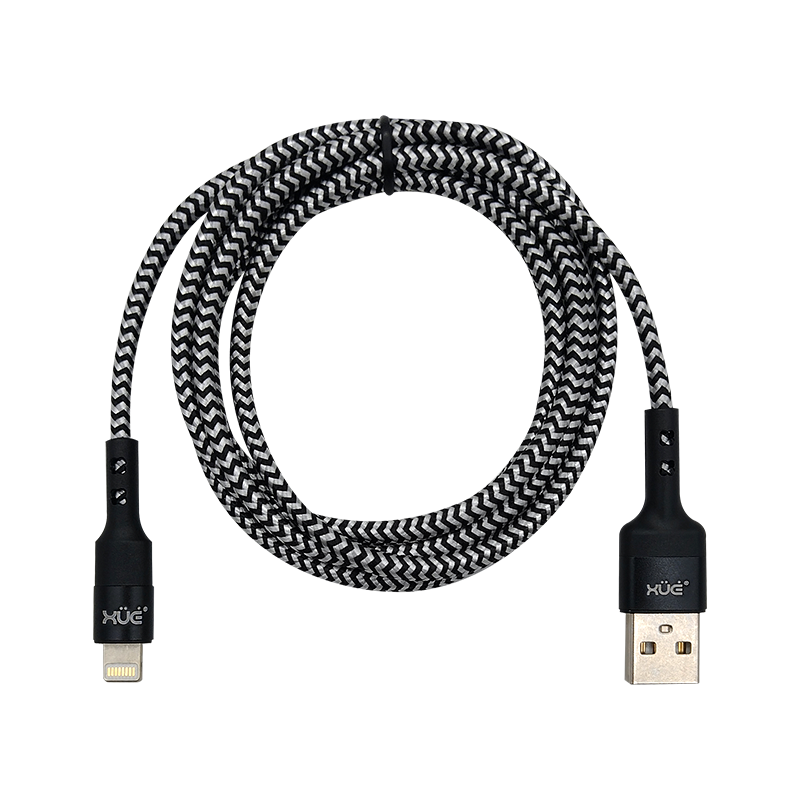 Convertidor USB-A a Lightning 2.4A 1.5m color Negro recubierto en nylon (para Carga y Datos) XUE®