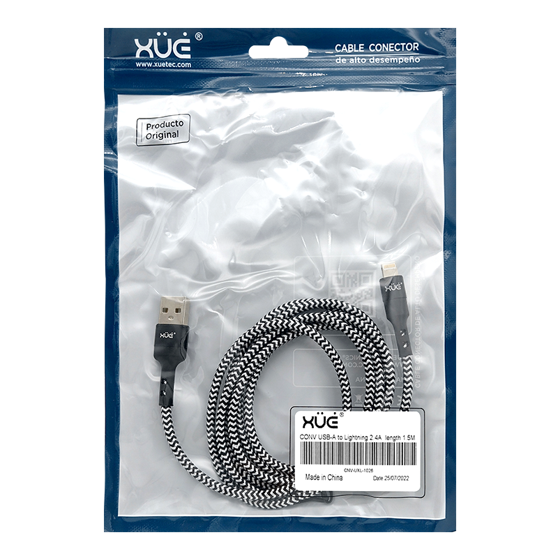 Convertidor USB-A a Lightning 2.4A 1.5m color Negro recubierto en nylon (para Carga y Datos) XUE®