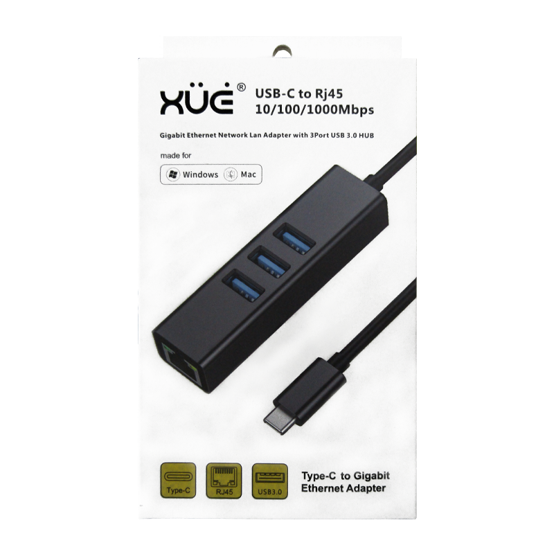 Convertidor USB-C 3.1 a Ethernet Gigabit USB 3.0 HUB (Mac OS 10) Negro marca XUE®
