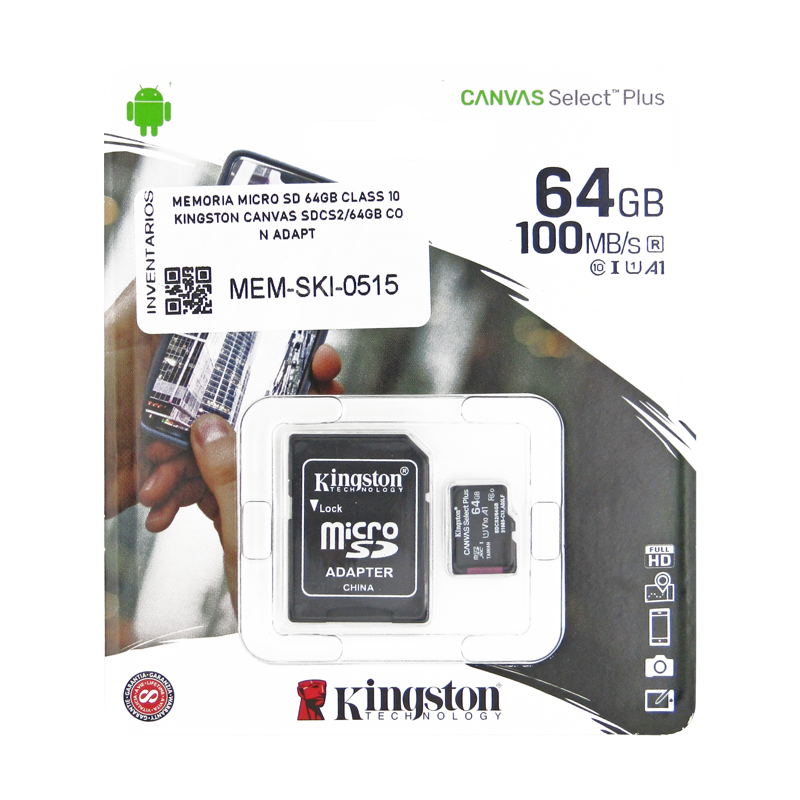 MEMORIA MICRO SD 64GB CLASS 10 Kingston SDCS/64GB CON ADAPT