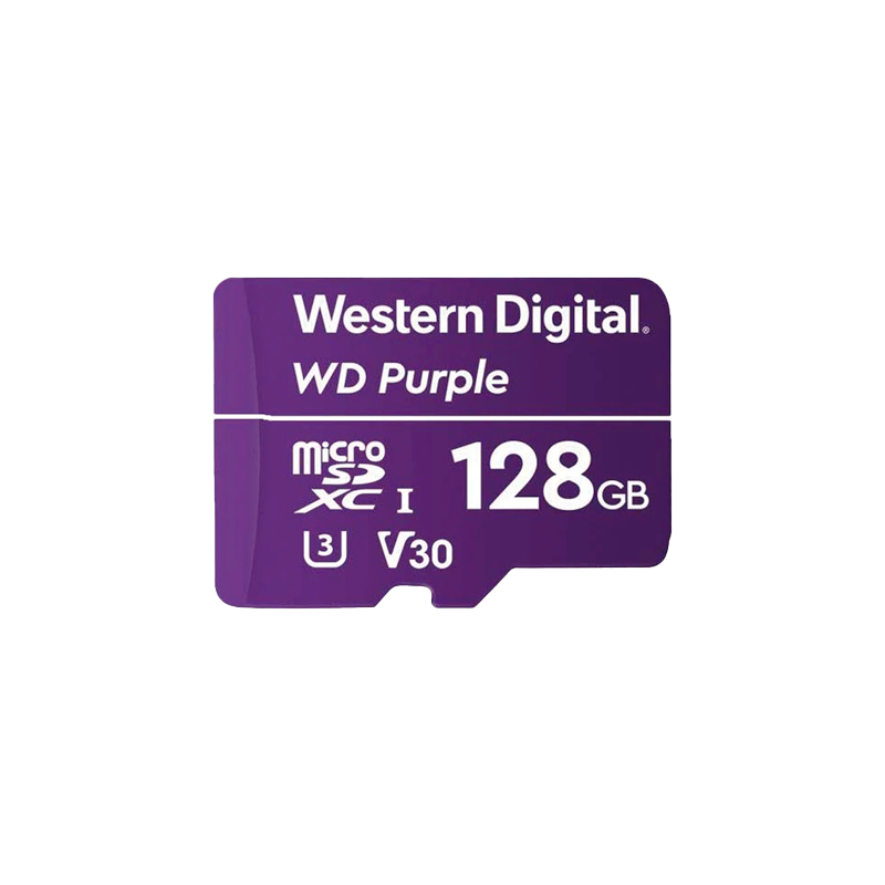 Memoria micro SD 128GB C10 U1 V10 R-W 100/60 Mbps WD Purple QD101  WDD128G1P0C para cámaras IP y video vigilancia