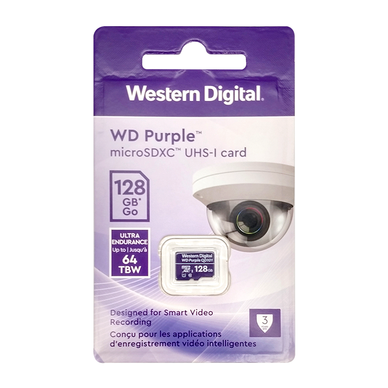 Memoria micro SD 128GB C10 U1 V10 R-W 100/60 Mbps WD Purple QD101  WDD128G1P0C para cámaras IP y video vigilancia
