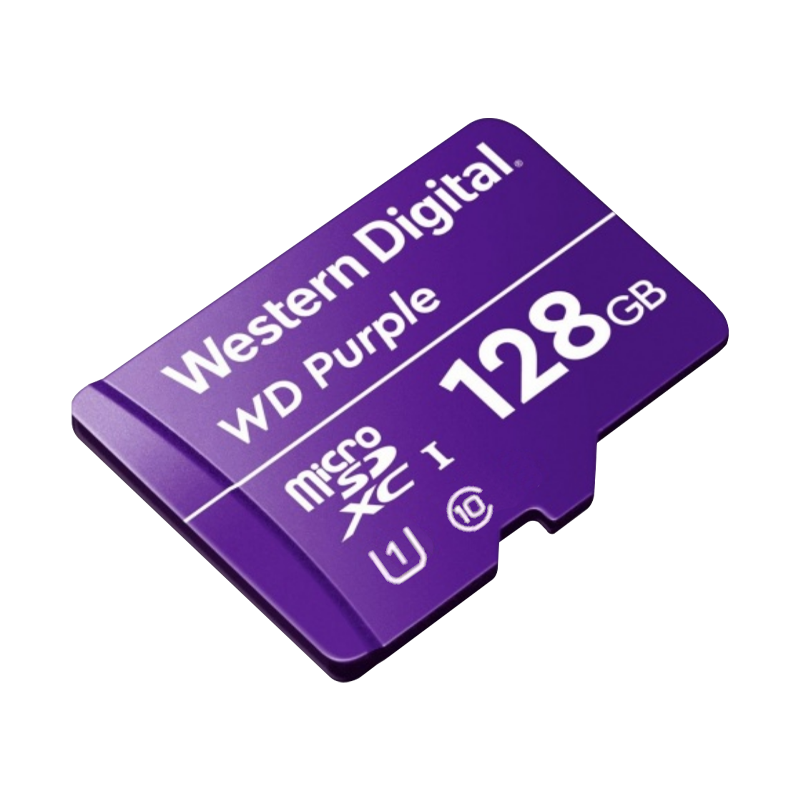 Memoria micro SD 128GB C10 U1 V10 R-W 100/60 Mbps WD Purple QD101  WDD128G1P0C para cámaras IP y video vigilancia