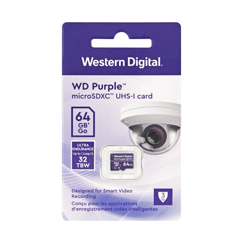 Memoria micro SD 64GB C10 U1 V10 R-W 100/60 Mbps WD Purple QD101 SURVIELLANCE WDD064G1P0C/64GB para cámaras IP y video vigilancia