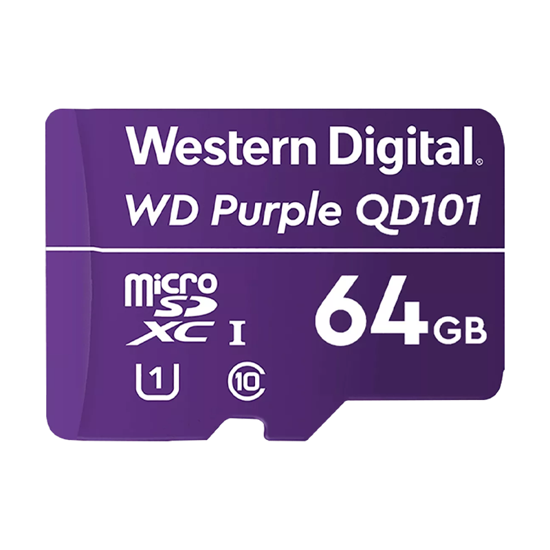 Memoria micro SD 64GB C10 U1 V10 R-W 100/60 Mbps WD Purple QD101 SURVIELLANCE WDD064G1P0C/64GB para cámaras IP y video vigilancia