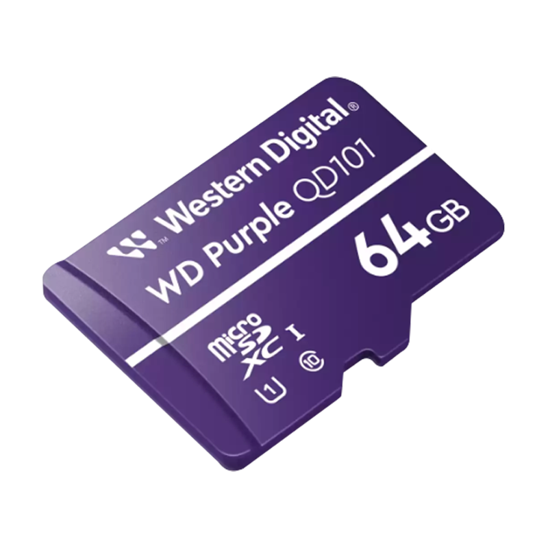 Memoria micro SD 64GB C10 U1 V10 R-W 100/60 Mbps WD Purple QD101 SURVIELLANCE WDD064G1P0C/64GB para cámaras IP y video vigilancia