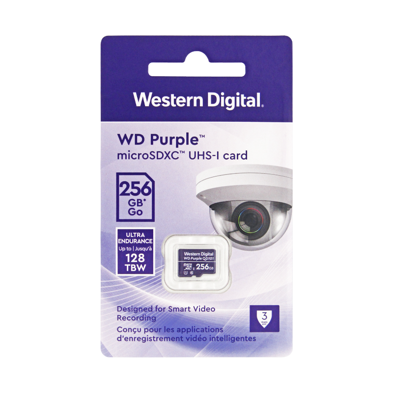 Memoria micro SD 256GB C10 U1 V10 R-W 100/60 Mbps WD Purple QD101 SURVIELLANCE WDD256G1P0C/256GB para cámaras IP y video vigilancia