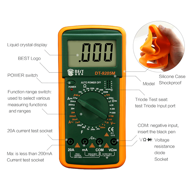 MULTIMETRO DIGITAL BEST DT-9205m 1000V, 20A, 200M, 20nF, CE Y ROHS.