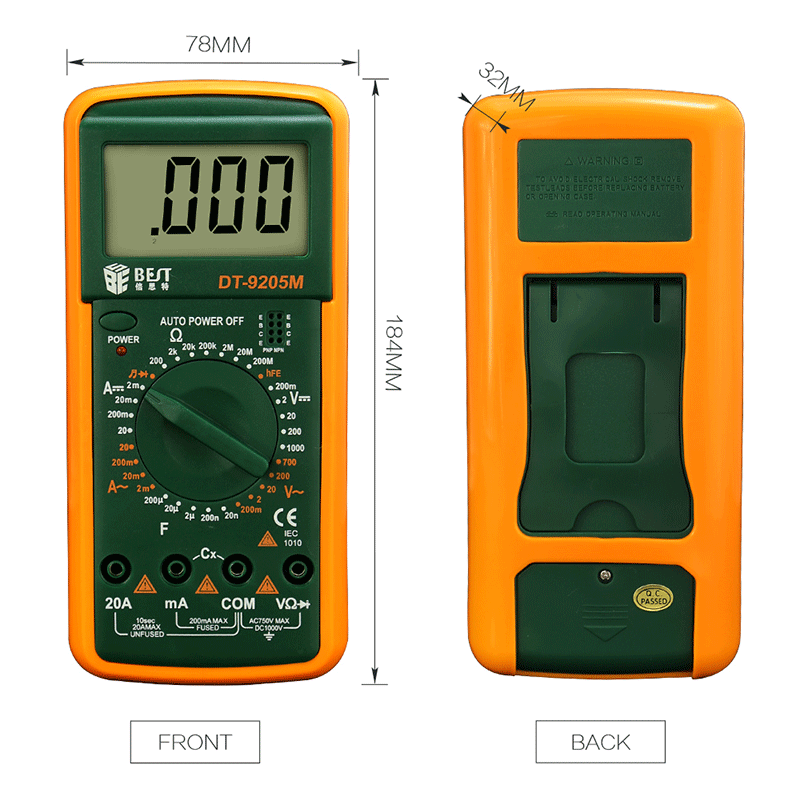MULTIMETRO DIGITAL BEST DT-9205m 1000V, 20A, 200M, 20nF, CE Y ROHS.