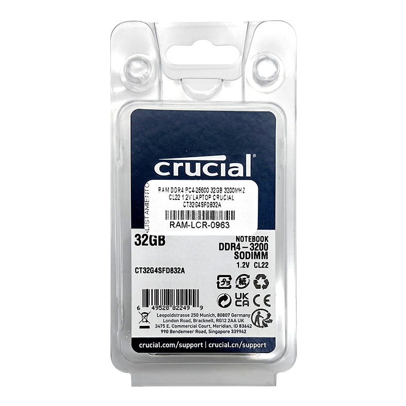 Memoria RAM para portátil DDR4 PC4-25600 32GB 3200MHZ CL22 1.2V laptop Crucial CT32G4SFD832A