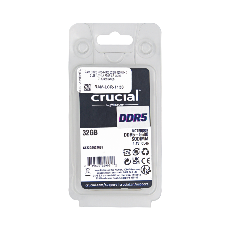 Memoria RAM para Laptop DDR5 PC5-44800 32GB 5600MHZ CL36 1.1V LAPTOP CRUCIAL CT32G56C46S5