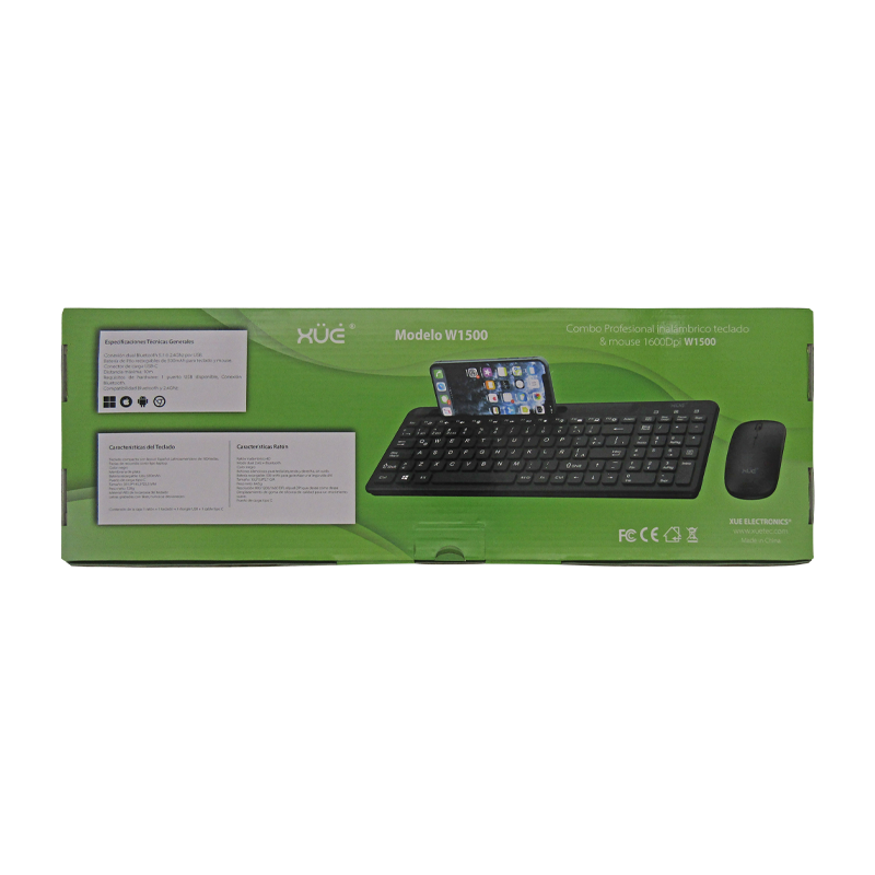 Combo Teclado Externo Wireless  Compacto LATAM + Mouse 1600DPI, 2.4GHZ + BT 5.0, Batería 500MAH, USB-C, Color Negro, W1500 XUE®
