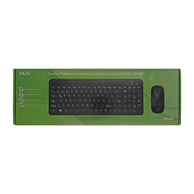 Combo Teclado Externo Wireless  Compacto LATAM + Mouse 1600DPI, 2.4GHZ + BT 5.0, Batería 500MAH, USB-C, Color Negro, W1500 XUE®