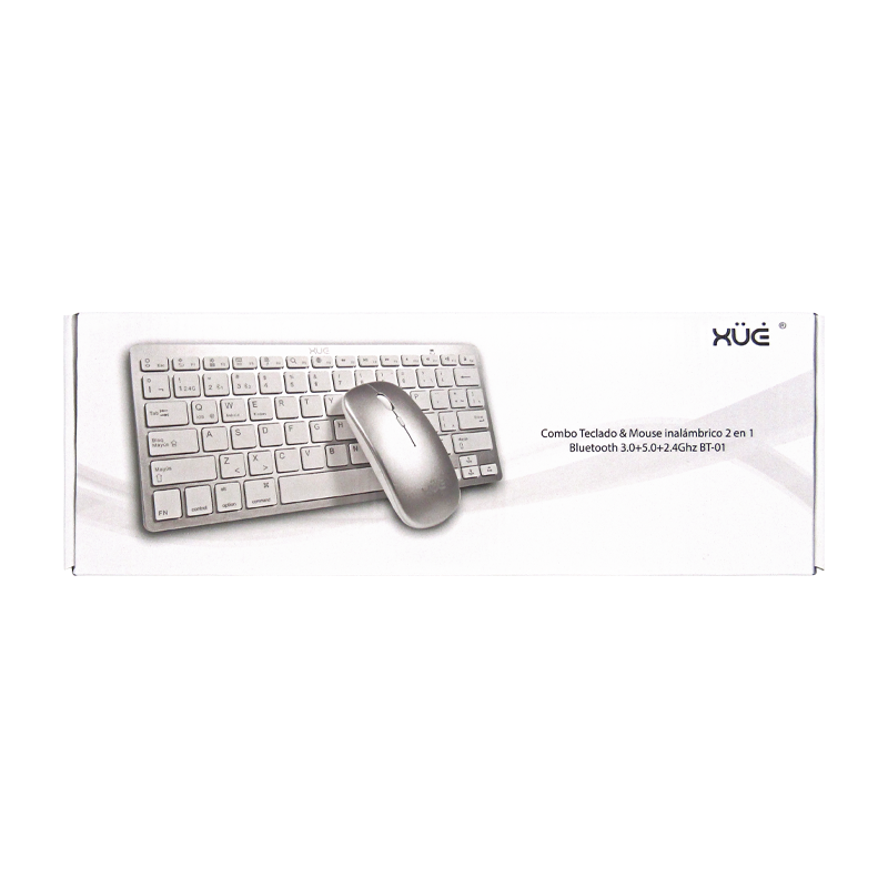 COMBO TECLADO INALAMBRICO DESKTOP LATAM + MOUSE 1600DPI, PLATEADO,  2 EN 1 2.4G & BLUETOOTH 5.0, XUE®