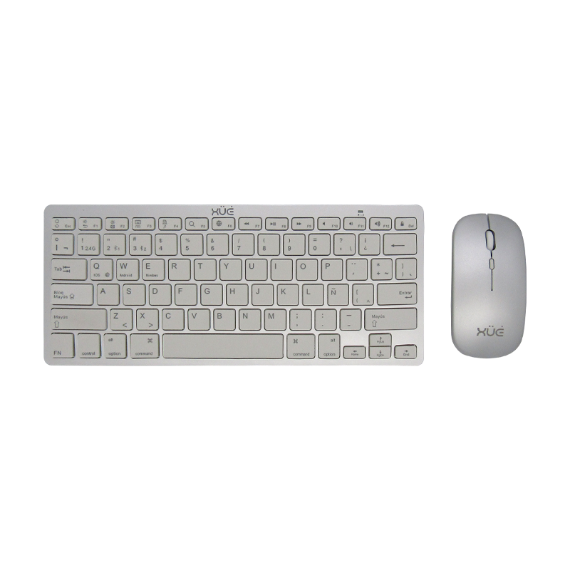 COMBO TECLADO INALAMBRICO DESKTOP LATAM + MOUSE 1600DPI, PLATEADO,  2 EN 1 2.4G & BLUETOOTH 5.0, XUE®